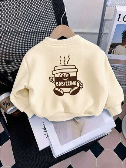 Baby Boy Casual Loose Comfortable Daily Long Sleeve Sweatshirt, Cappuccino Print, Suitable For Autumn/Winter Wear