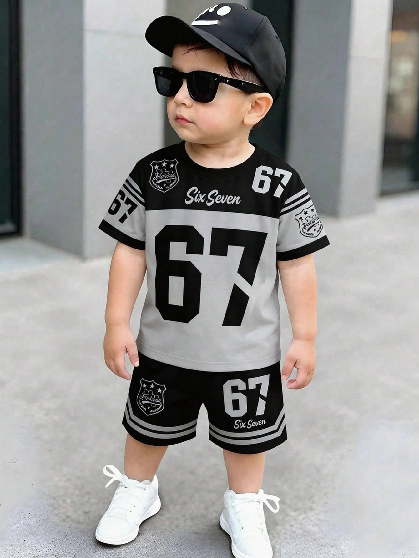 Baby Boy Casual Minimalist T-Shirt Set Suitable For Summer,Classic Cool Digits 6,7,Six,Seven,Sports Baseball Outfit