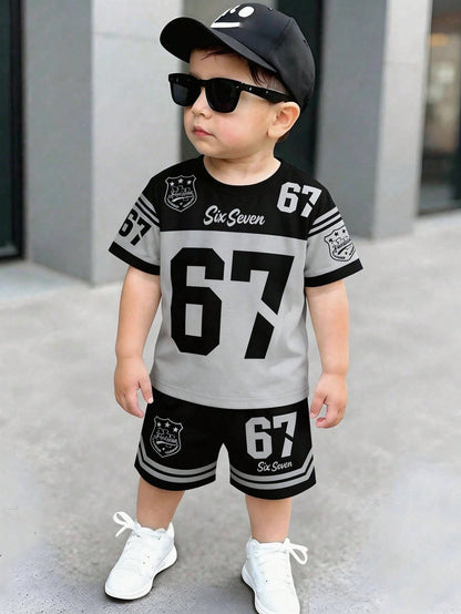 Baby Boy Casual Minimalist T-Shirt Set Suitable For Summer,Classic Cool Digits 6,7,Six,Seven,Sports Baseball Outfit