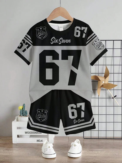Baby Boy Casual Minimalist T-Shirt Set Suitable For Summer,Classic Cool Digits 6,7,Six,Seven,Sports Baseball Outfit