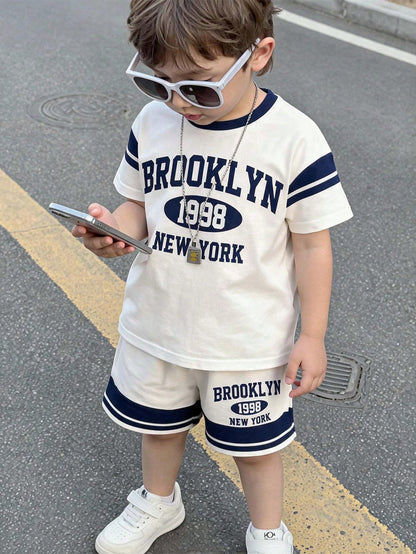 Baby Boy Casual Minimalist T-Shirt Set Suitable For Summer,Classic Cool Digits 6,7,Six,Seven,Sports Baseball Outfit
