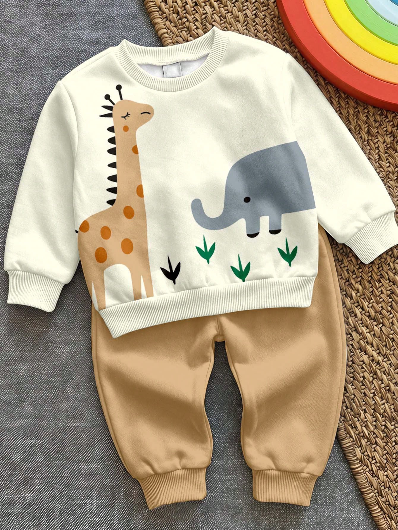 Baby Boy Round Neck Casual Comfortable Set, Classic Cool Giraffe And Elephant Animal Graphic Print, Suitable For Autumn/Winter