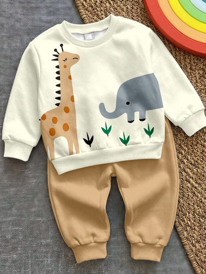 Baby Boy Round Neck Casual Comfortable Set, Classic Cool Giraffe And Elephant Animal Graphic Print, Suitable For Autumn/Winter