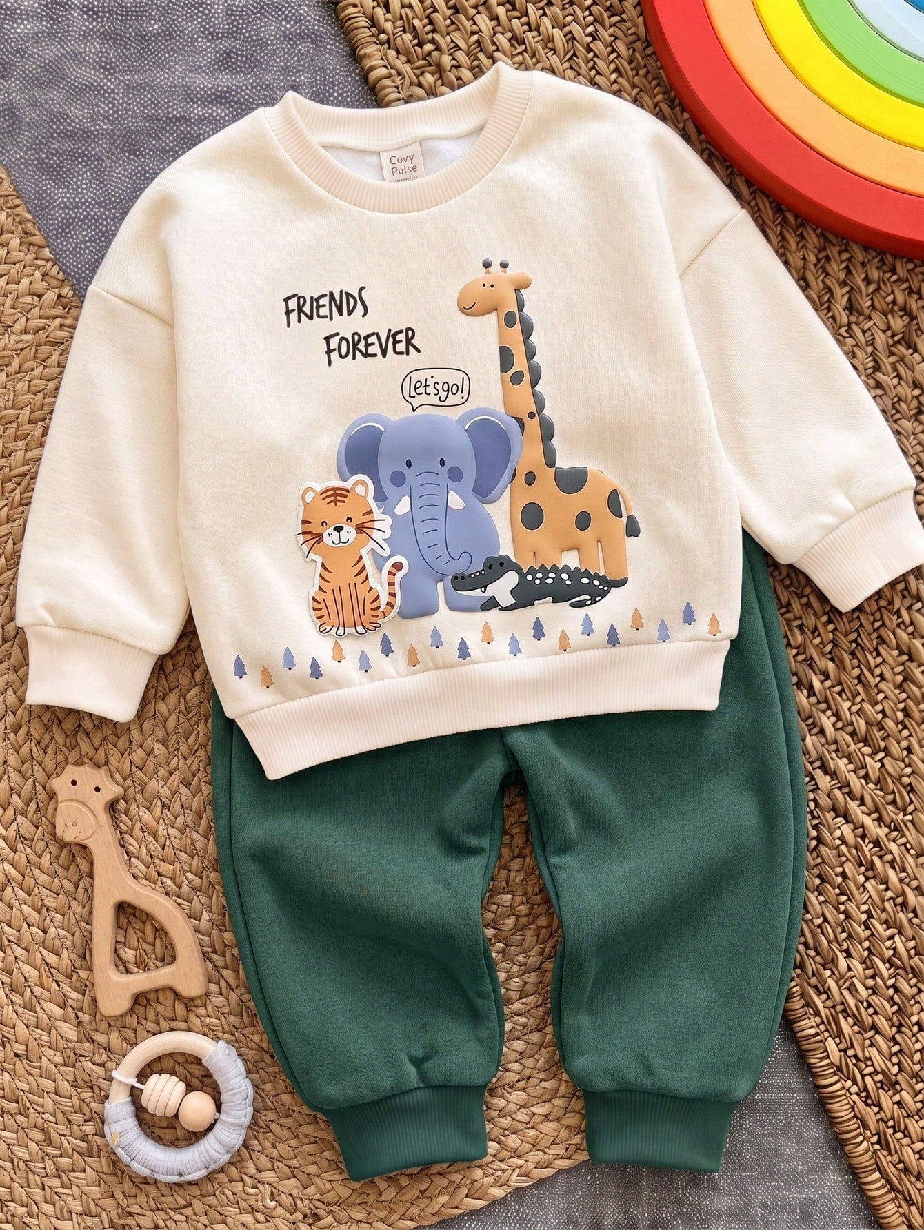Baby Boy Round Neck Casual Comfortable Set, Classic Cool Giraffe And Elephant Animal Graphic Print, Suitable For Autumn/Winter