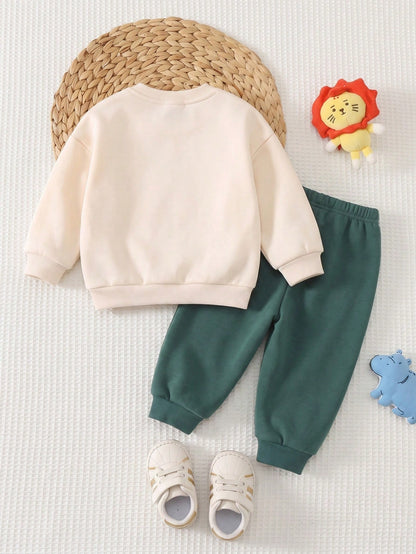 Baby Boy Round Neck Casual Comfortable Set, Classic Cool Giraffe And Elephant Animal Graphic Print, Suitable For Autumn/Winter