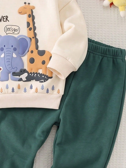 Baby Boy Round Neck Casual Comfortable Set, Classic Cool Giraffe And Elephant Animal Graphic Print, Suitable For Autumn/Winter