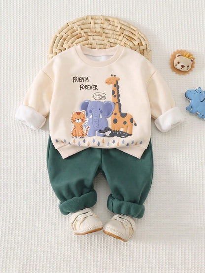 Baby Boy Round Neck Casual Comfortable Set, Classic Cool Giraffe And Elephant Animal Graphic Print, Suitable For Autumn/Winter