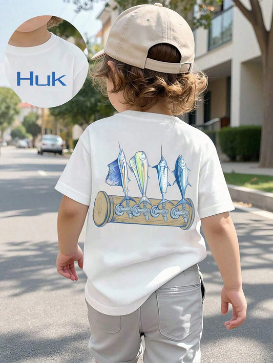 Baby Boy Short Sleeved Loose Round Neck T-Shirt With Tuna Fish Beer Tap Printed Pattern Suitable For Summer Wear