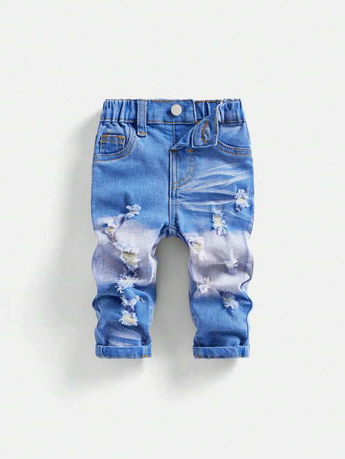 Baby Boy Spring Summer Fashionable Stonewashed Ripped Frayed High Stretch Slim Fit Blue Jeans, For Spring/Summer Streetwear Spring Break