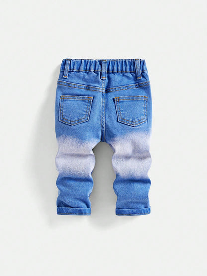 Baby Boy Spring Summer Fashionable Stonewashed Ripped Frayed High Stretch Slim Fit Blue Jeans, For Spring/Summer Streetwear Spring Break