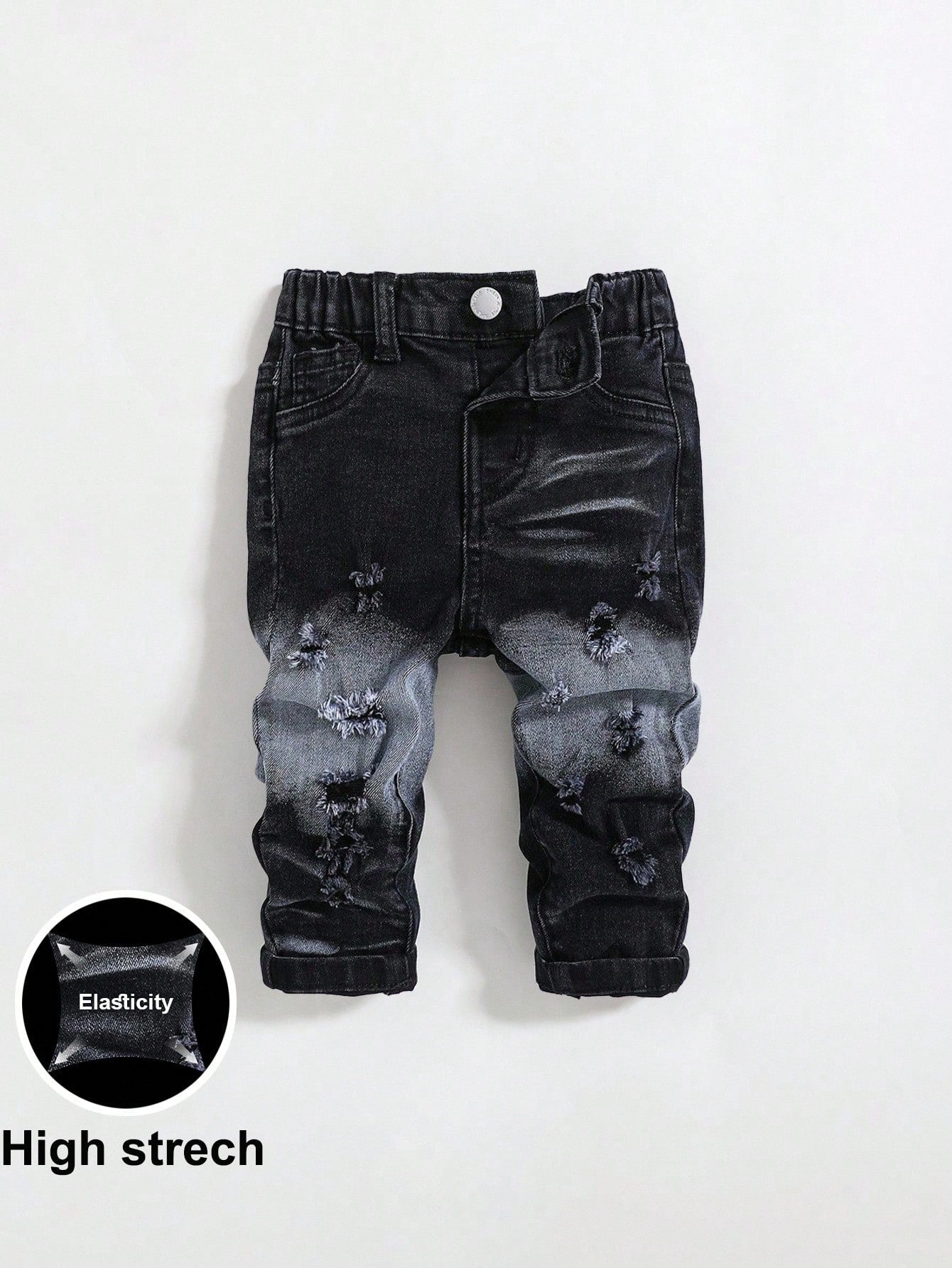 Baby Boy Spring Summer Fashionable Stonewashed Ripped Frayed High Stretch Slim Fit Blue Jeans, For Spring/Summer Streetwear Spring Break