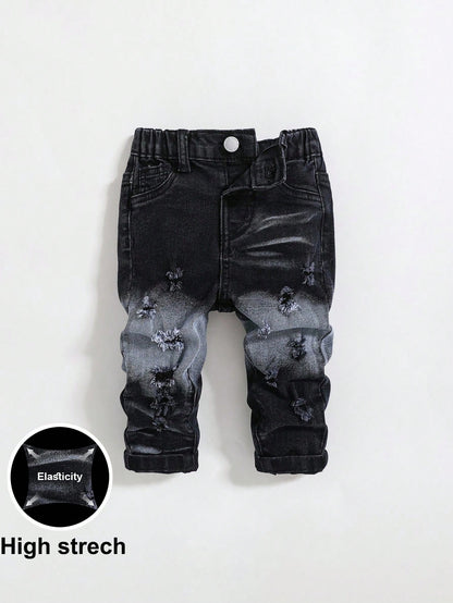 Baby Boy Spring Summer Fashionable Stonewashed Ripped Frayed High Stretch Slim Fit Blue Jeans, For Spring/Summer Streetwear Spring Break