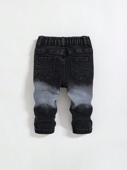 Baby Boy Spring Summer Fashionable Stonewashed Ripped Frayed High Stretch Slim Fit Blue Jeans, For Spring/Summer Streetwear Spring Break