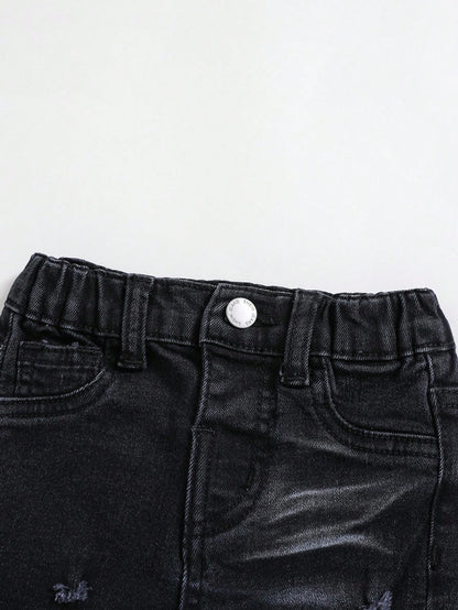 Baby Boy Spring Summer Fashionable Stonewashed Ripped Frayed High Stretch Slim Fit Blue Jeans, For Spring/Summer Streetwear Spring Break