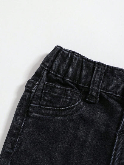 Baby Boy Spring Summer Fashionable Stonewashed Ripped Frayed High Stretch Slim Fit Blue Jeans, For Spring/Summer Streetwear Spring Break