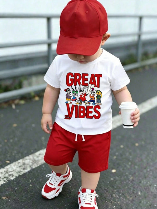 Baby Boy Summer Casual Vacation Daily Commute Fun Cartoon Letter Print Short Sleeve T-Shirt And Drawstring Waist Shorts Set