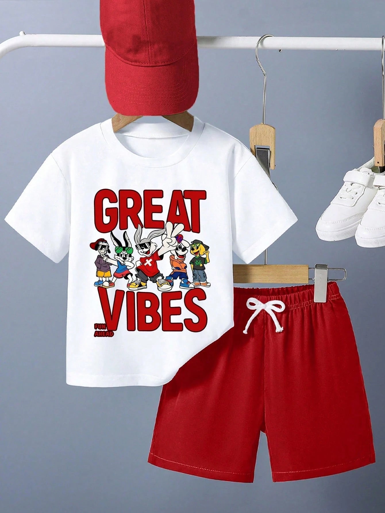 Baby Boy Summer Casual Vacation Daily Commute Fun Cartoon Letter Print Short Sleeve T-Shirt And Drawstring Waist Shorts Set