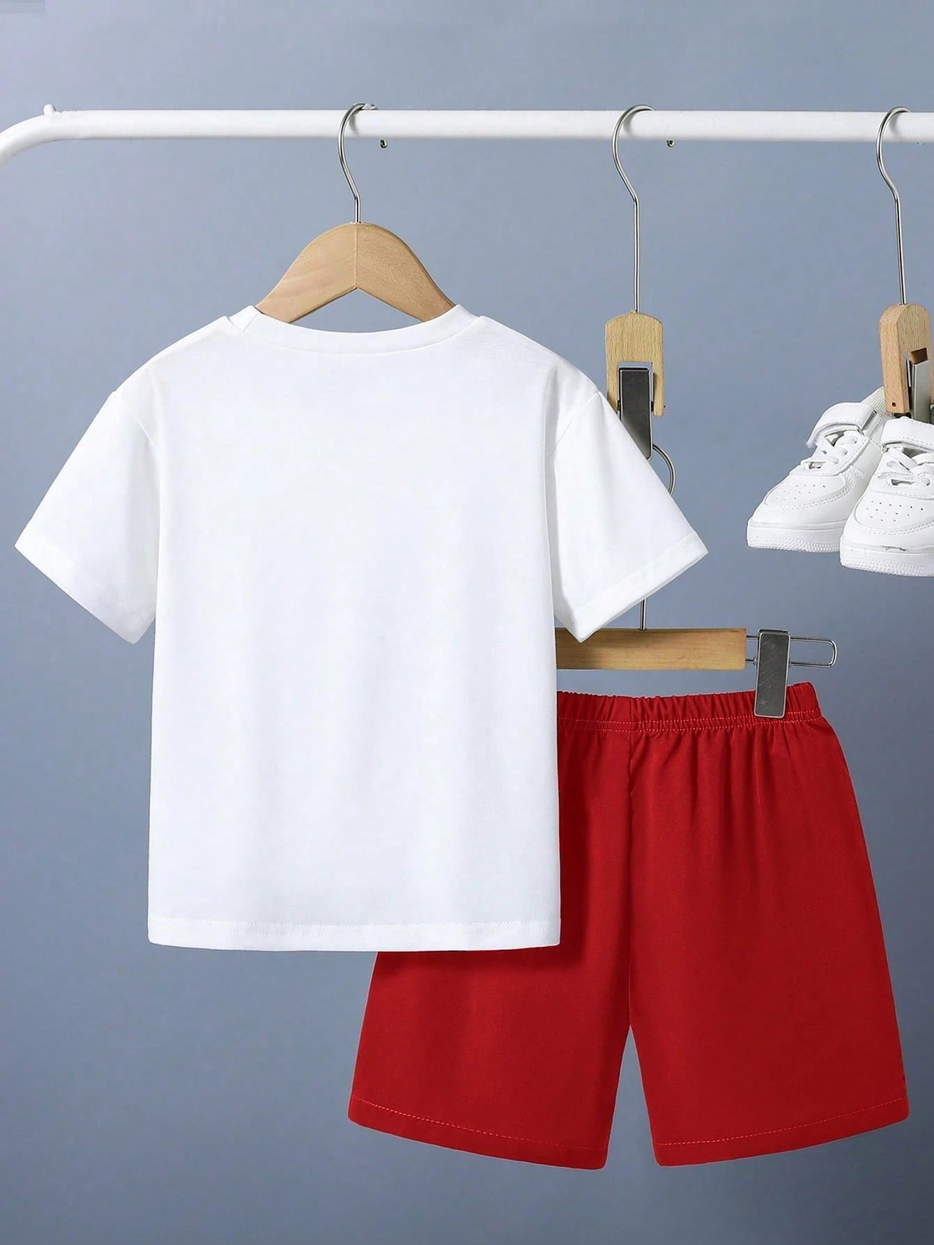 Baby Boy Summer Casual Vacation Daily Commute Fun Cartoon Letter Print Short Sleeve T-Shirt And Drawstring Waist Shorts Set
