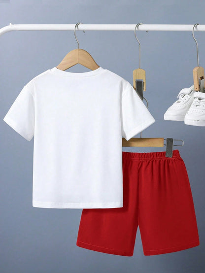 Baby Boy Summer Casual Vacation Daily Commute Fun Cartoon Letter Print Short Sleeve T-Shirt And Drawstring Waist Shorts Set