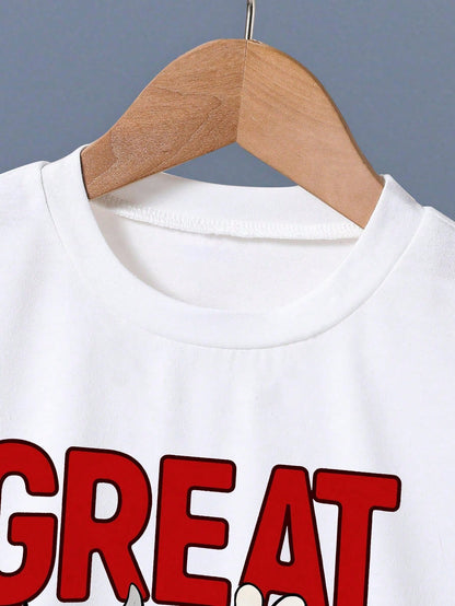 Baby Boy Summer Casual Vacation Daily Commute Fun Cartoon Letter Print Short Sleeve T-Shirt And Drawstring Waist Shorts Set