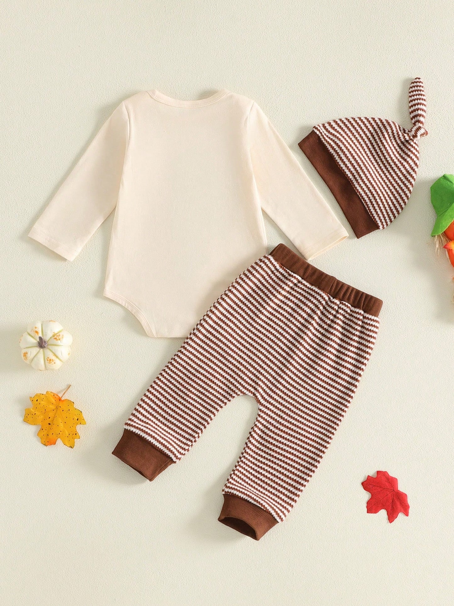 Baby Boy Thanksgiving Letter Embroidery Romper Pants Set With Hat- Long Sleeve Outfit For Party Fall Daily