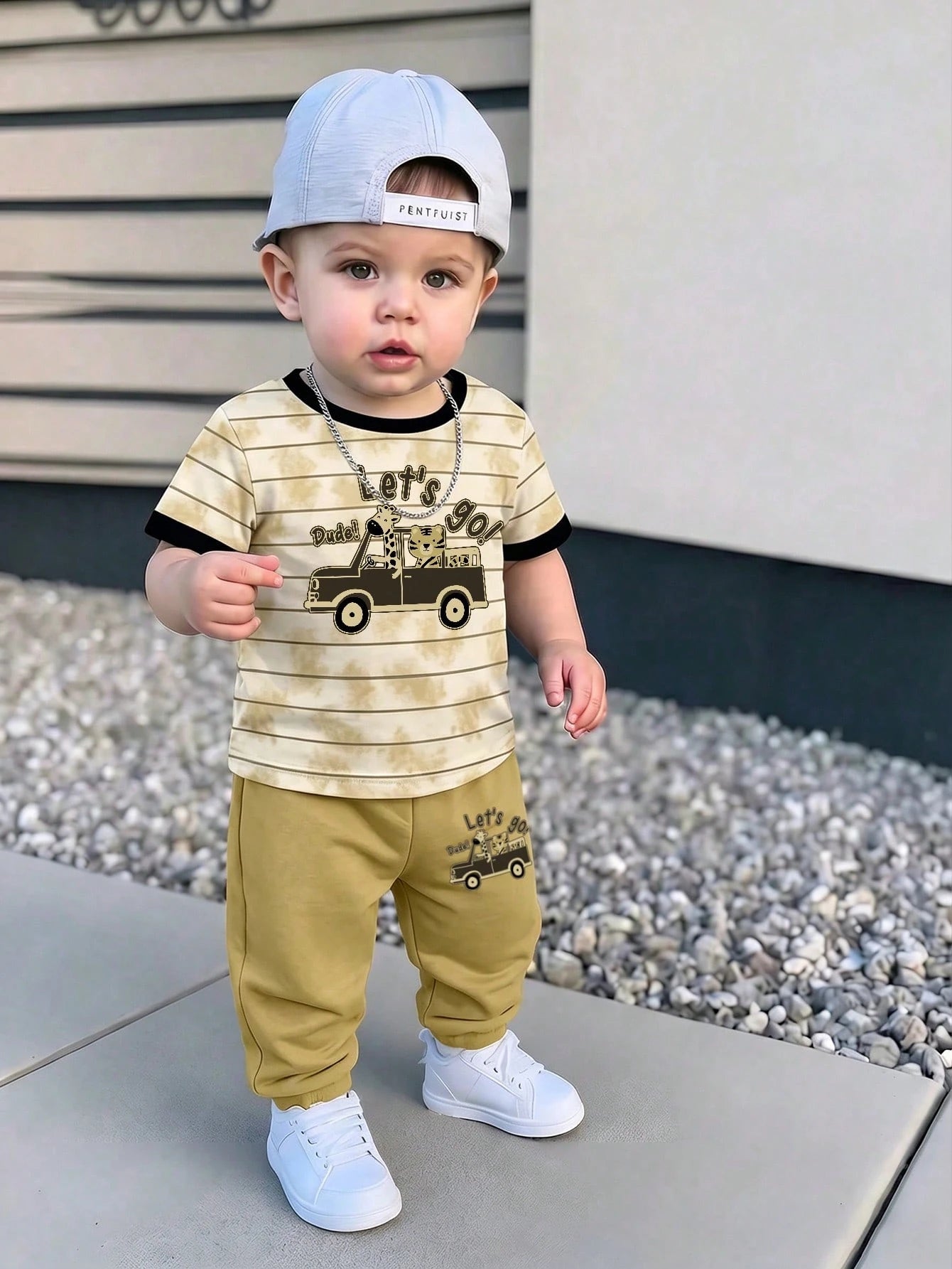 Baby Boys Loose Casual Sporty Short Sleeve T-Shirt And Long Pants 2-Piece Set, Comfortable And Simple, Classic Striped Pattern Print, Cute Cartoon Bear Driving Car Print, Suitable For Spring/Summer, B