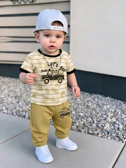 Baby Boys Loose Casual Sporty Short Sleeve T-Shirt And Long Pants 2-Piece Set, Comfortable And Simple, Classic Striped Pattern Print, Cute Cartoon Bear Driving Car Print, Suitable For Spring/Summer, B