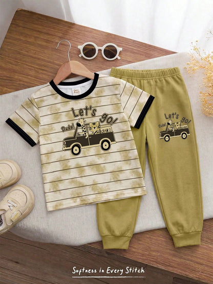 Baby Boys Loose Casual Sporty Short Sleeve T-Shirt And Long Pants 2-Piece Set, Comfortable And Simple, Classic Striped Pattern Print, Cute Cartoon Bear Driving Car Print, Suitable For Spring/Summer, B