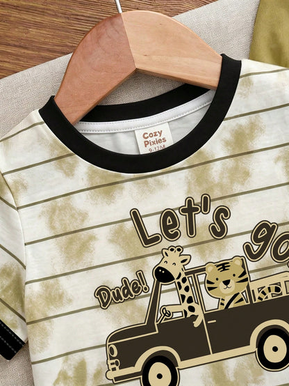 Baby Boys Loose Casual Sporty Short Sleeve T-Shirt And Long Pants 2-Piece Set, Comfortable And Simple, Classic Striped Pattern Print, Cute Cartoon Bear Driving Car Print, Suitable For Spring/Summer, B