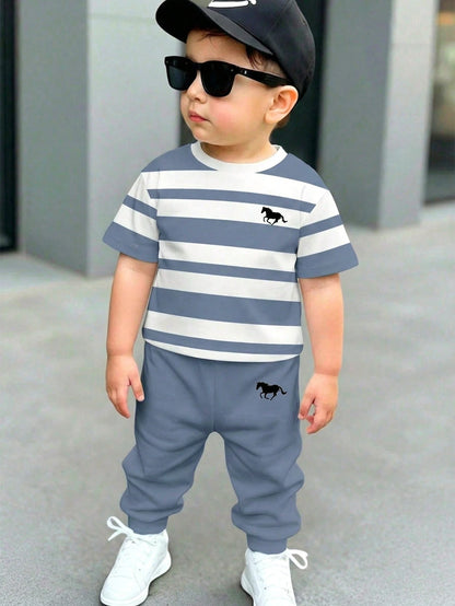 Baby Boys Loose Casual Sporty Short Sleeve T-Shirt And Long Pants 2-Piece Set, Comfortable And Simple, Classic Striped Pattern Print, Cute Cartoon Bear Driving Car Print, Suitable For Spring/Summer, B