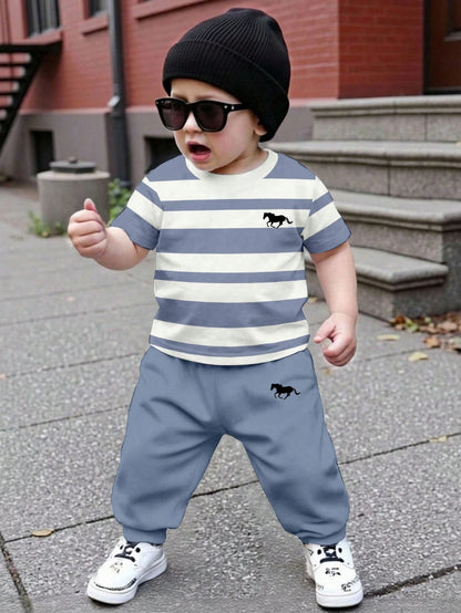 Baby Boys Loose Casual Sporty Short Sleeve T-Shirt And Long Pants 2-Piece Set, Comfortable And Simple, Classic Striped Pattern Print, Cute Cartoon Bear Driving Car Print, Suitable For Spring/Summer, B