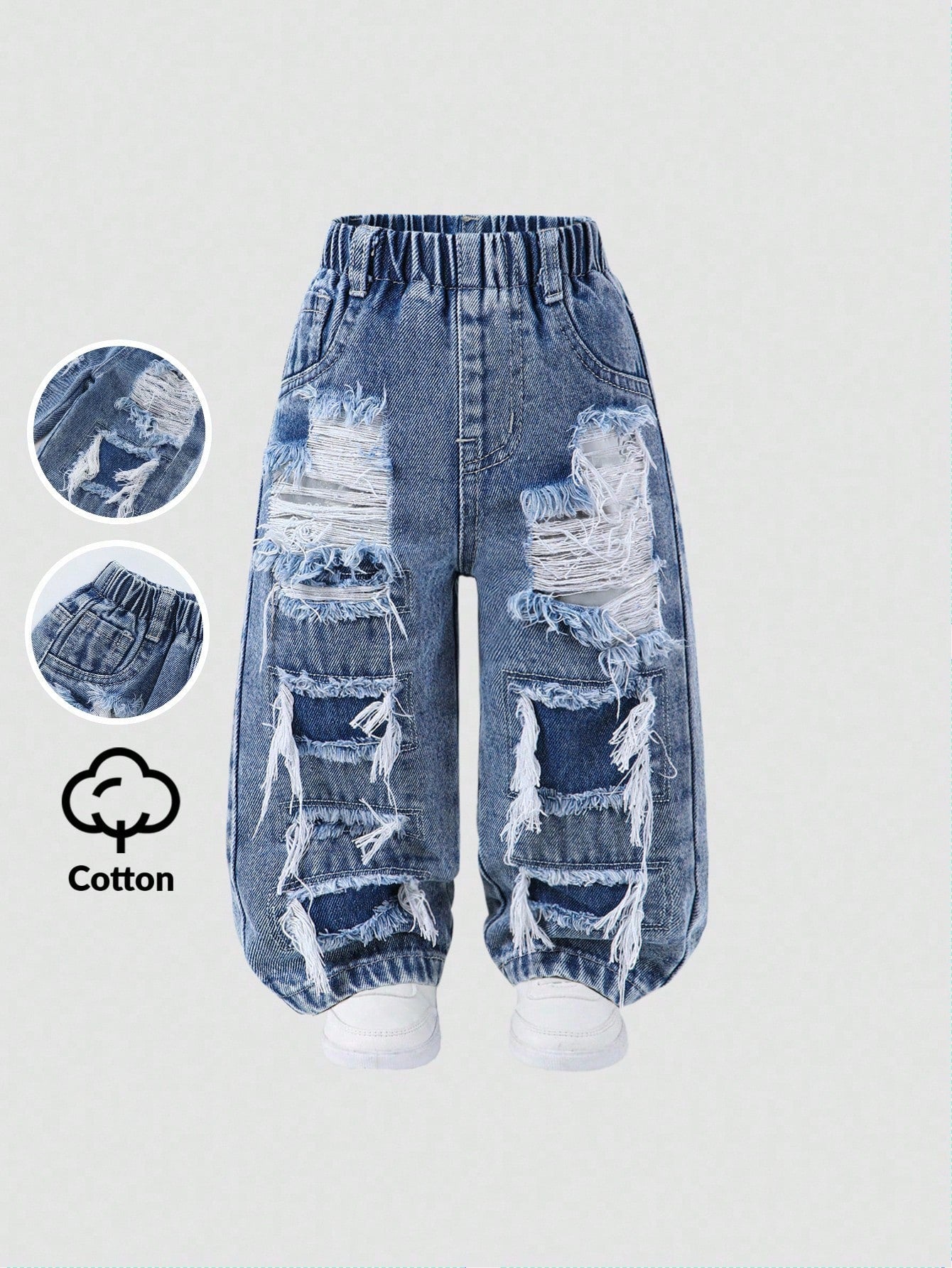 Baby Boys' Straight Leg Jeans,Blue,Summer,Street Life Casual Graphic Street Fashion,City Break,Distressed Ripped Holes Denim,Elastic Waistband