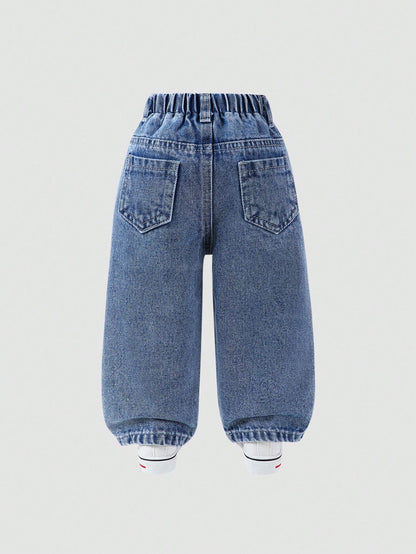 Baby Boys' Straight Leg Jeans,Blue,Summer,Street Life Casual Graphic Street Fashion,City Break,Distressed Ripped Holes Denim,Elastic Waistband