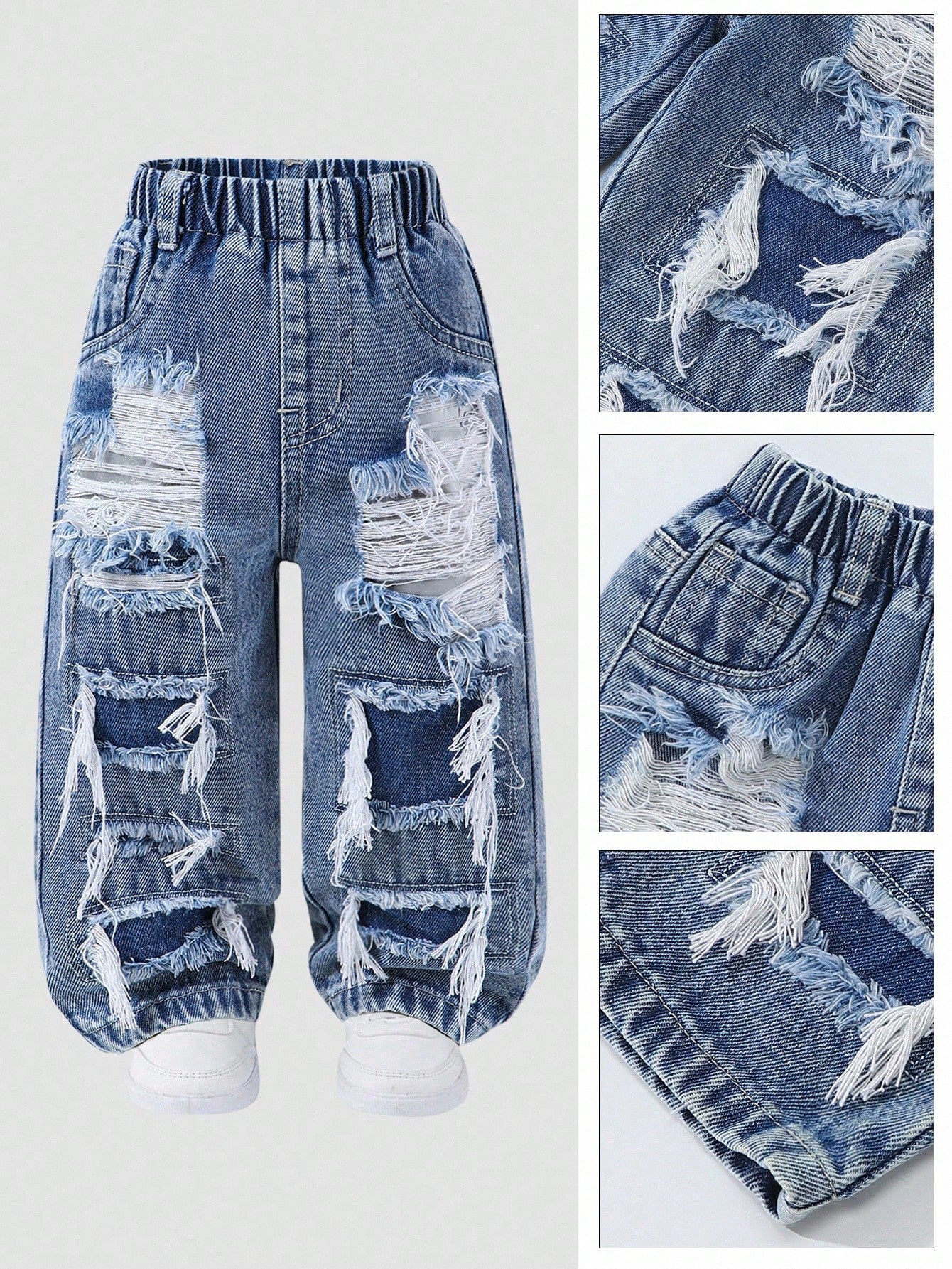 Baby Boys' Straight Leg Jeans,Blue,Summer,Street Life Casual Graphic Street Fashion,City Break,Distressed Ripped Holes Denim,Elastic Waistband