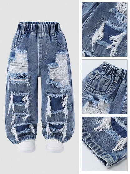 Baby Boys' Straight Leg Jeans,Blue,Summer,Street Life Casual Graphic Street Fashion,City Break,Distressed Ripped Holes Denim,Elastic Waistband