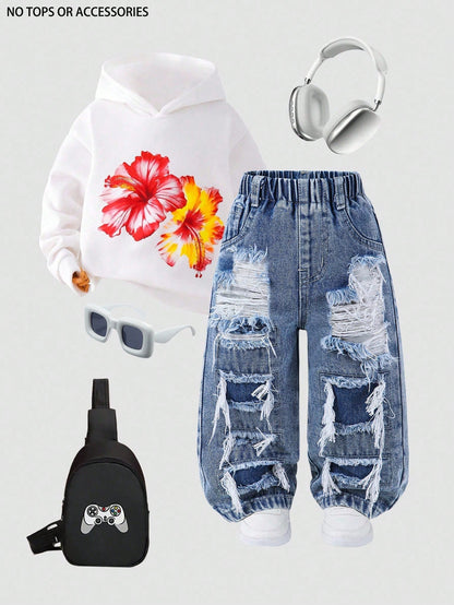 Baby Boys' Straight Leg Jeans,Blue,Summer,Street Life Casual Graphic Street Fashion,City Break,Distressed Ripped Holes Denim,Elastic Waistband