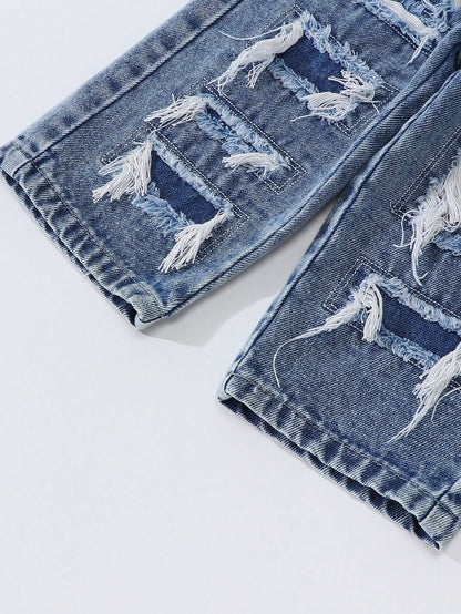 Baby Boys' Straight Leg Jeans,Blue,Summer,Street Life Casual Graphic Street Fashion,City Break,Distressed Ripped Holes Denim,Elastic Waistband
