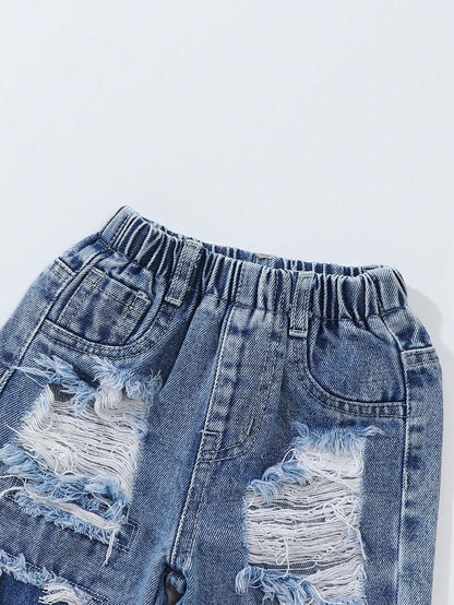 Baby Boys' Straight Leg Jeans,Blue,Summer,Street Life Casual Graphic Street Fashion,City Break,Distressed Ripped Holes Denim,Elastic Waistband
