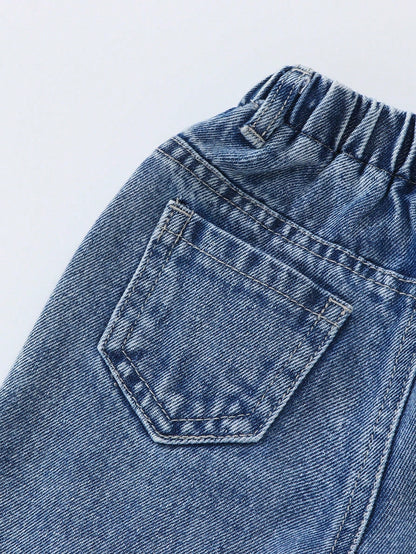 Baby Boys' Straight Leg Jeans,Blue,Summer,Street Life Casual Graphic Street Fashion,City Break,Distressed Ripped Holes Denim,Elastic Waistband