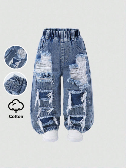 Baby Boys' Straight Leg Jeans,Blue,Summer,Street Life Casual Graphic Street Fashion,City Break,Distressed Ripped Holes Denim,Elastic Waistband