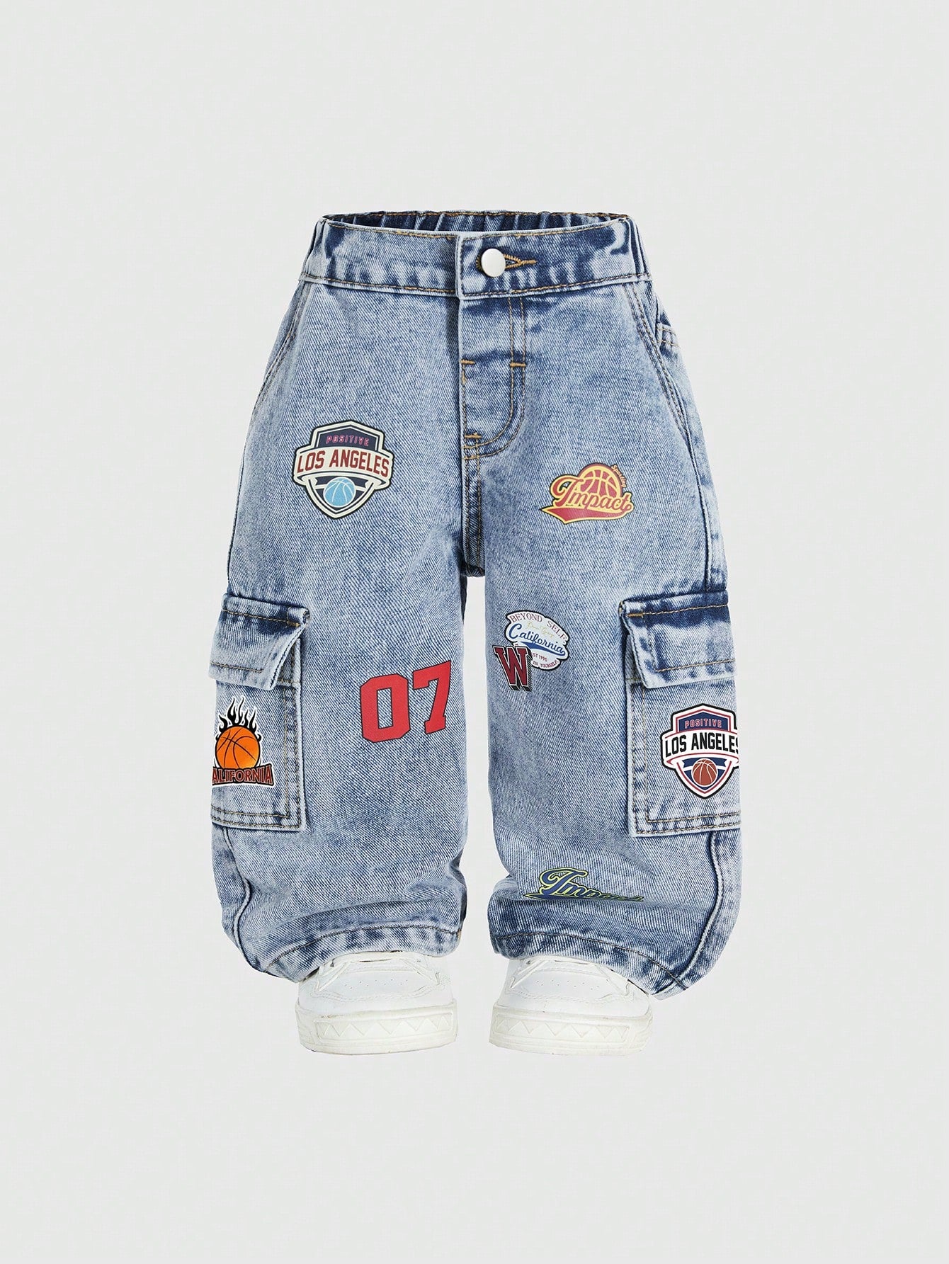 Baby Denim Cool Retro Denim Long Pants, All-Season Denim Long Pants, Decorated With Eye-Catching Basketball Retro Theme Embroidery, Side 3D Cargo Pockets Combining Practicality And Style, Loose