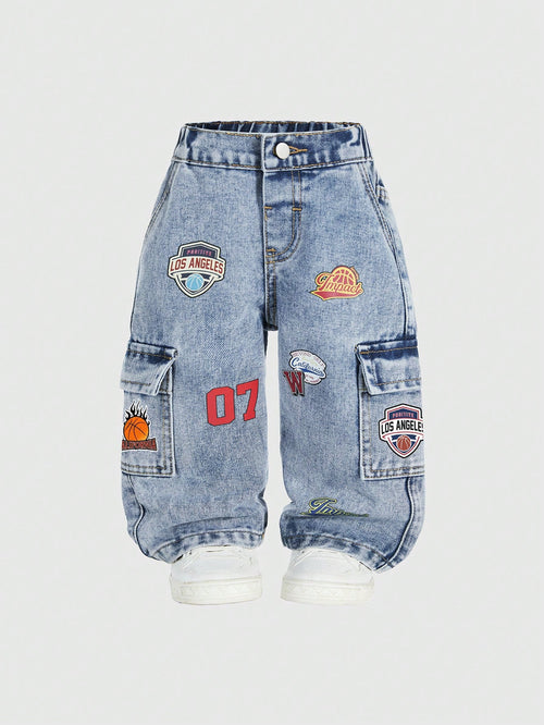 Baby Denim Cool Retro Denim Long Pants, All-Season Denim Long Pants, Decorated With Eye-Catching Basketball Retro Theme Embroidery, Side 3D Cargo Pockets Combining Practicality And Style, Loose