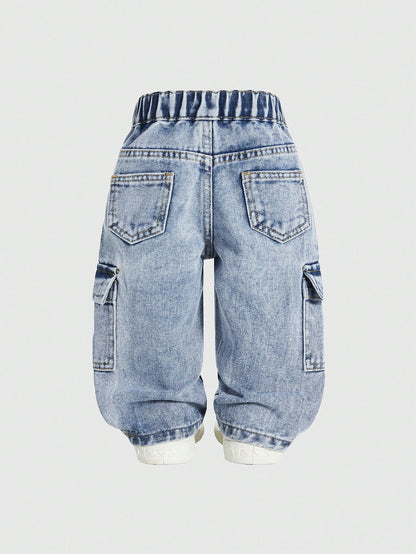 Baby Denim Cool Retro Denim Long Pants, All-Season Denim Long Pants, Decorated With Eye-Catching Basketball Retro Theme Embroidery, Side 3D Cargo Pockets Combining Practicality And Style, Loose