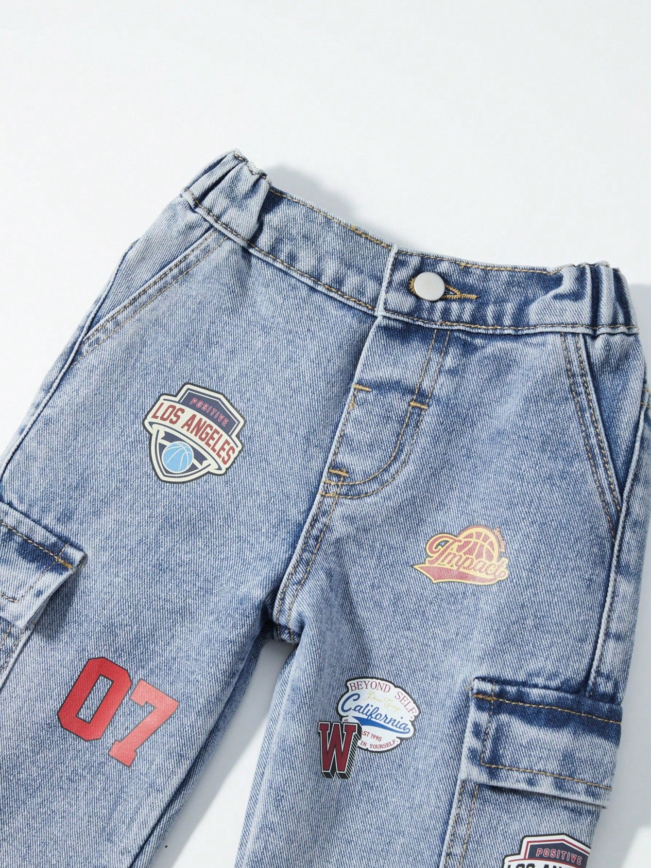 Baby Denim Cool Retro Denim Long Pants, All-Season Denim Long Pants, Decorated With Eye-Catching Basketball Retro Theme Embroidery, Side 3D Cargo Pockets Combining Practicality And Style, Loose