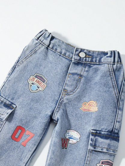 Baby Denim Cool Retro Denim Long Pants, All-Season Denim Long Pants, Decorated With Eye-Catching Basketball Retro Theme Embroidery, Side 3D Cargo Pockets Combining Practicality And Style, Loose
