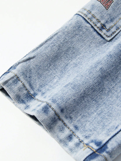 Baby Denim Cool Retro Denim Long Pants, All-Season Denim Long Pants, Decorated With Eye-Catching Basketball Retro Theme Embroidery, Side 3D Cargo Pockets Combining Practicality And Style, Loose
