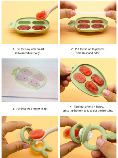 Baby Fruit & Vegetable + Ice Tray 2 Pieces Set, Rabbit Design + Carrot Ice Tray, Nipple With Pusher Design