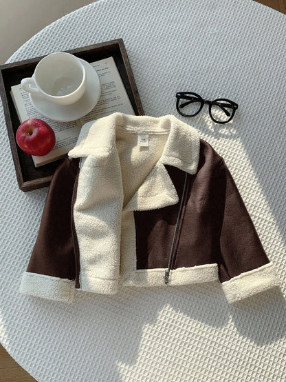 Baby Girl Autumn/Winter Cute Versatile Color-Blocking Thermal-Lined Faux Fur Jacket Fall