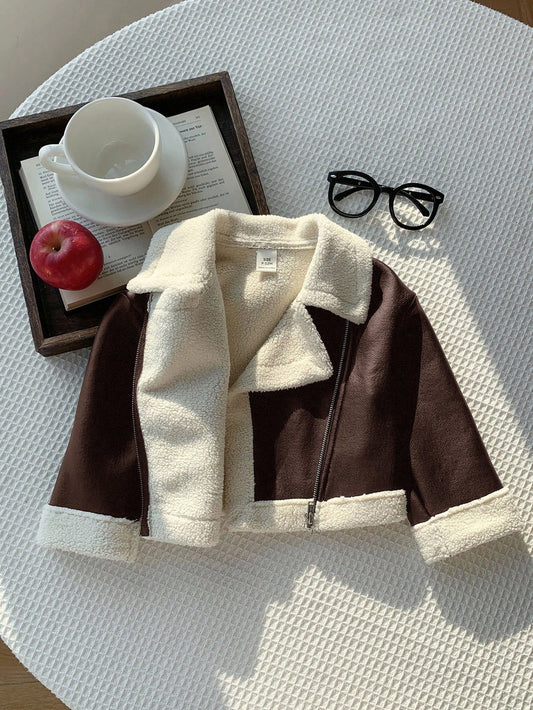 Baby Girl Autumn/Winter Cute Versatile Color-Blocking Thermal-Lined Faux Fur Jacket Fall
