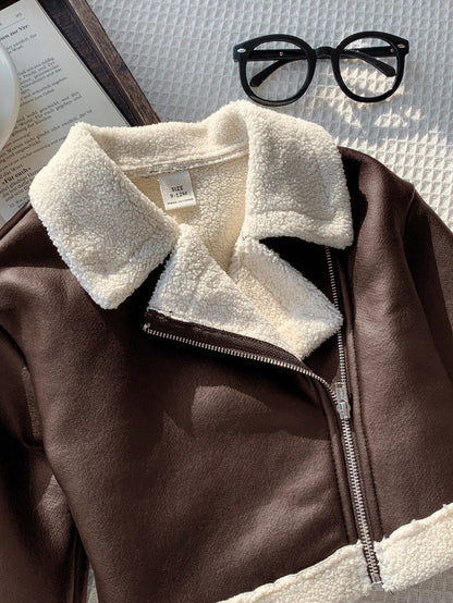 Baby Girl Autumn/Winter Cute Versatile Color-Blocking Thermal-Lined Faux Fur Jacket Fall